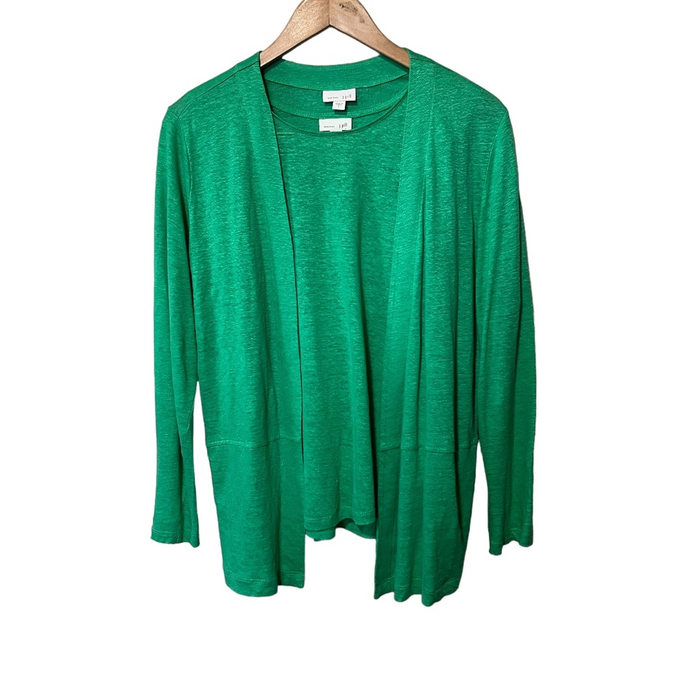 J. Jill Love Linen Spring Green 2 Pc Tank 100% Linen Comfy Cardigan Set L Euc